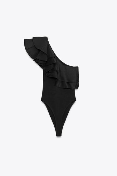 ASYMMETRIC CONTRAST RUFFLE BODYSUIT - Black by Zara