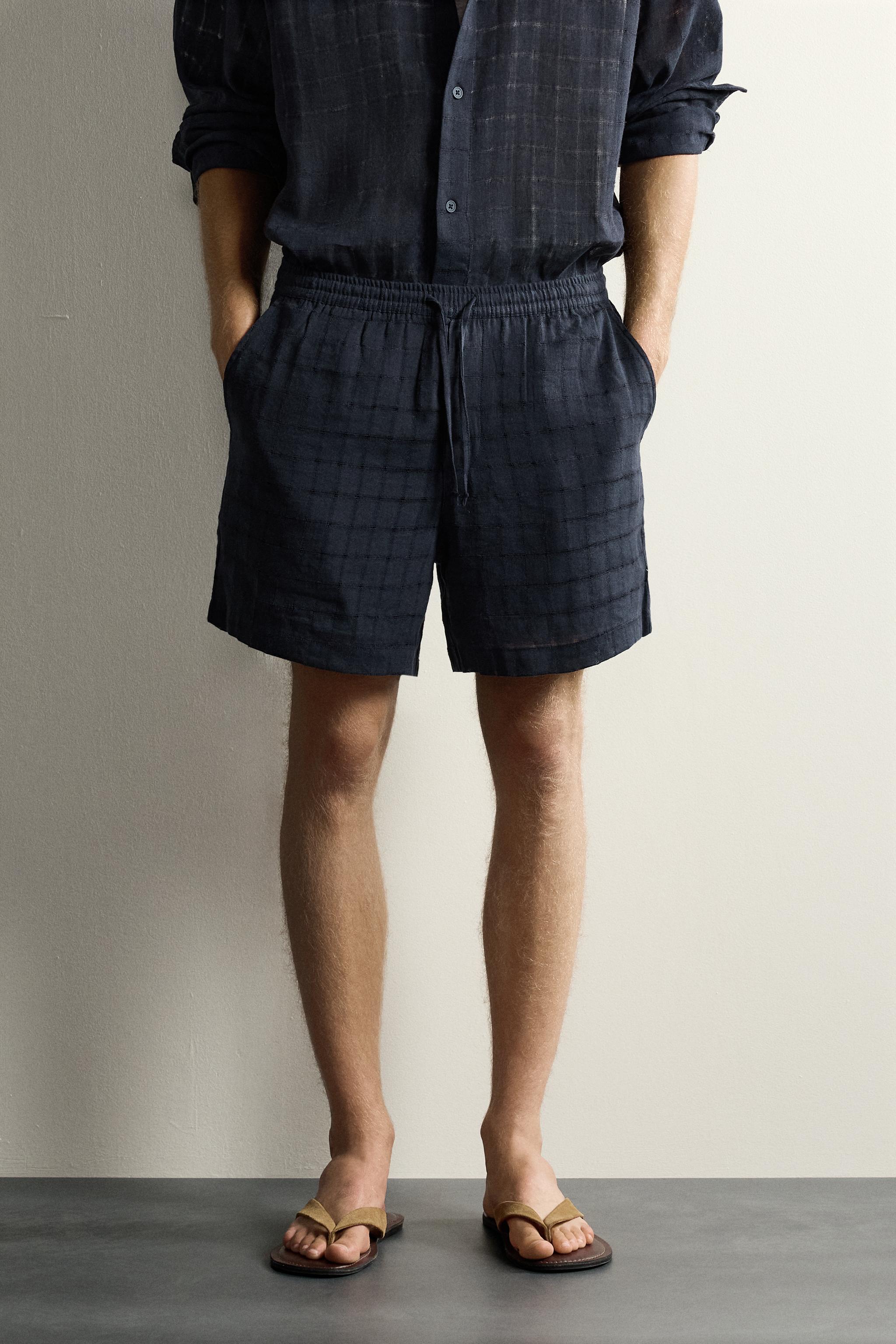 BERMUDA JACQUARD À CARREAUX EN LIN ET COTON