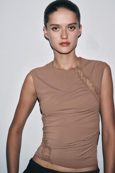 LACE POLYAMIDE TOP - Brown by Zara