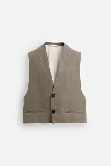 Zara TEXTURED LINEN-COTTON VEST - Brown marl