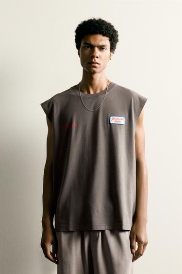 Zara PRINTED PATCH TANK TOP - Charcoal
