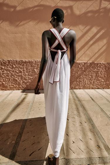 Zara EMBROIDERED TEXTURED MIDI DRESS - Ecru