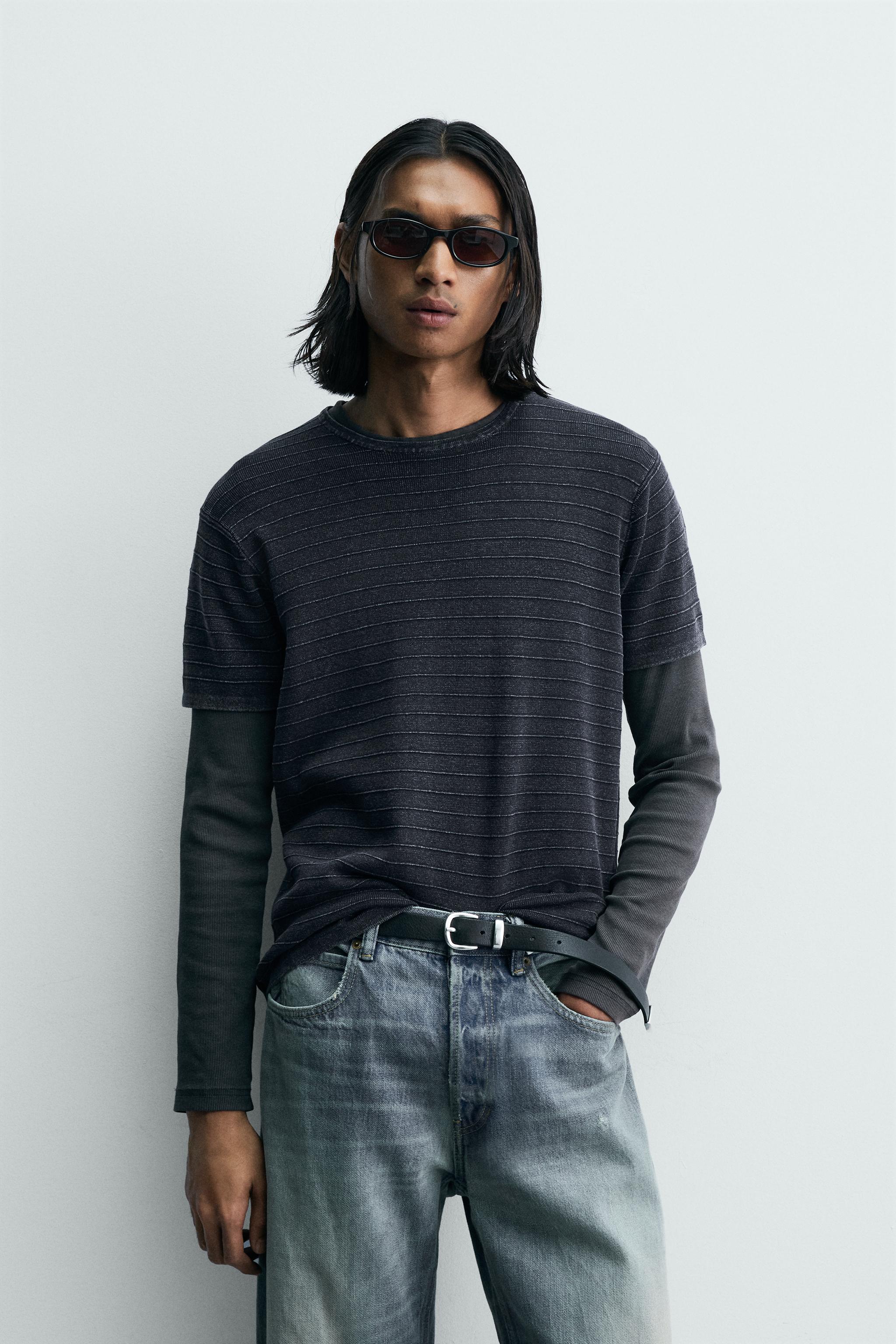 WASHED TEXTURED KNIT T-SHIRT — Indigo