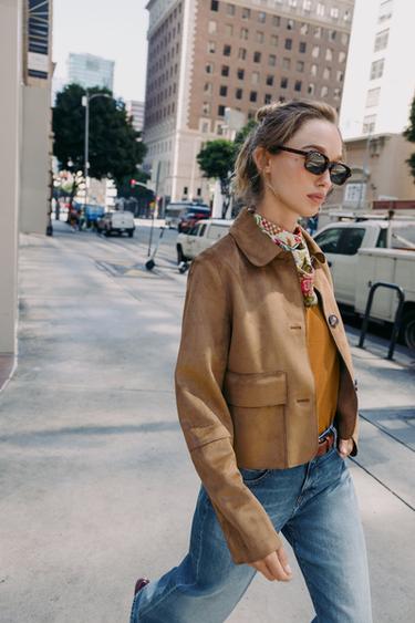 Zara FAUX SUEDE CROPPED JACKET - taupe brown