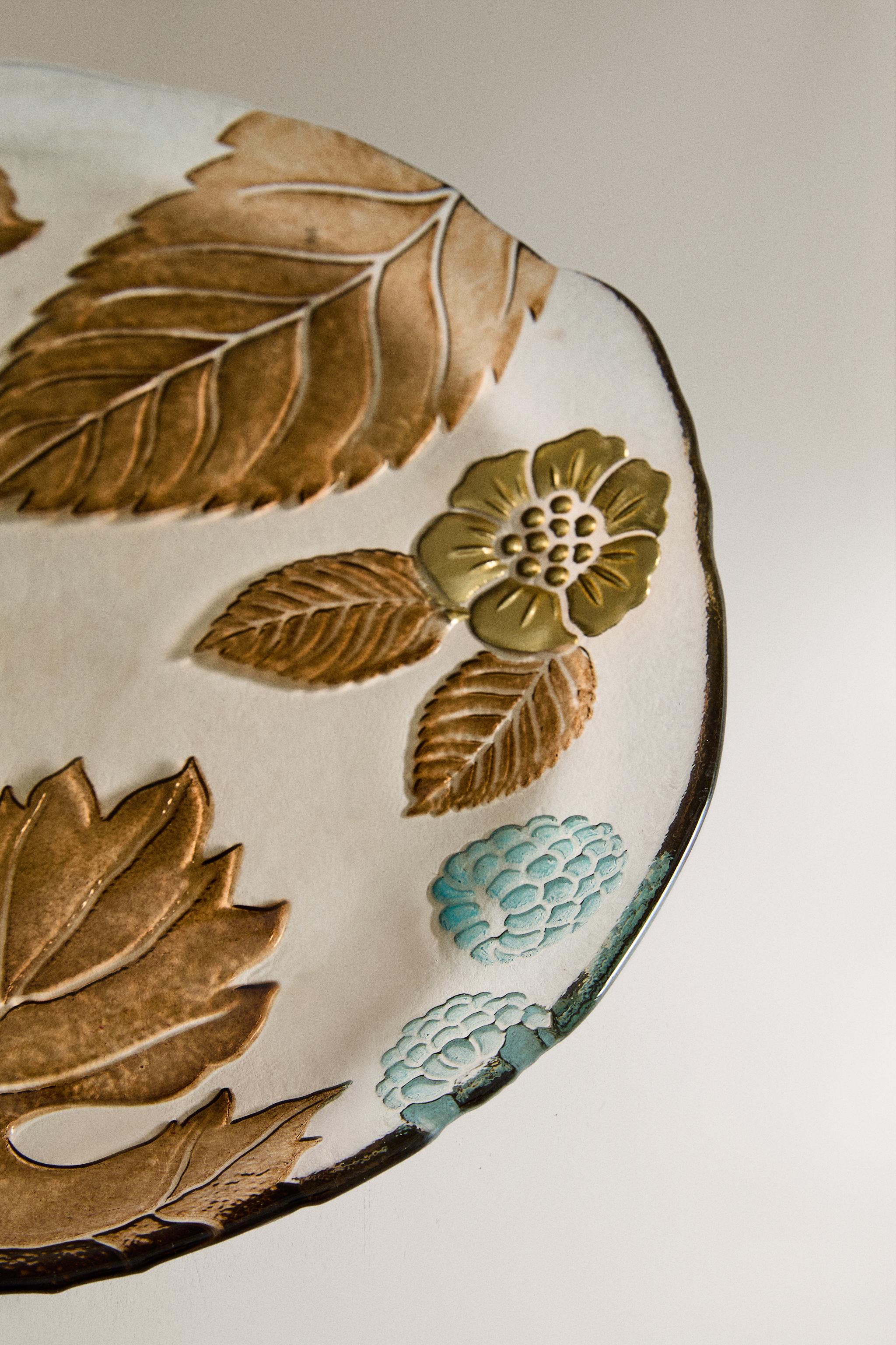 ASSIETTE À DESSERT VERRE FLEURS FEUILLES