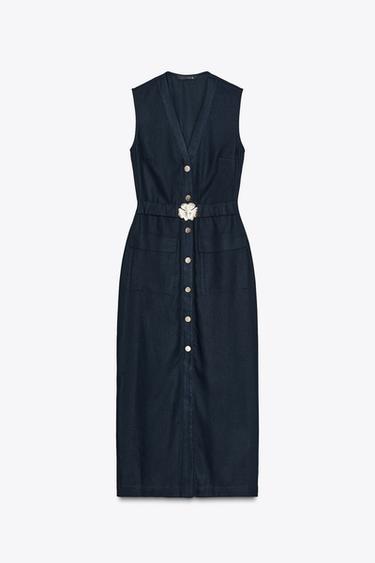 MIDI DRESS WITH LINEN BLEND BELT - Navy blue by Zara - Image 4