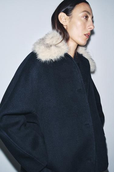 COAT WITH FAUX FUR COLLAR AND WOOL ZW COLLECTION - Navy blue by Zara