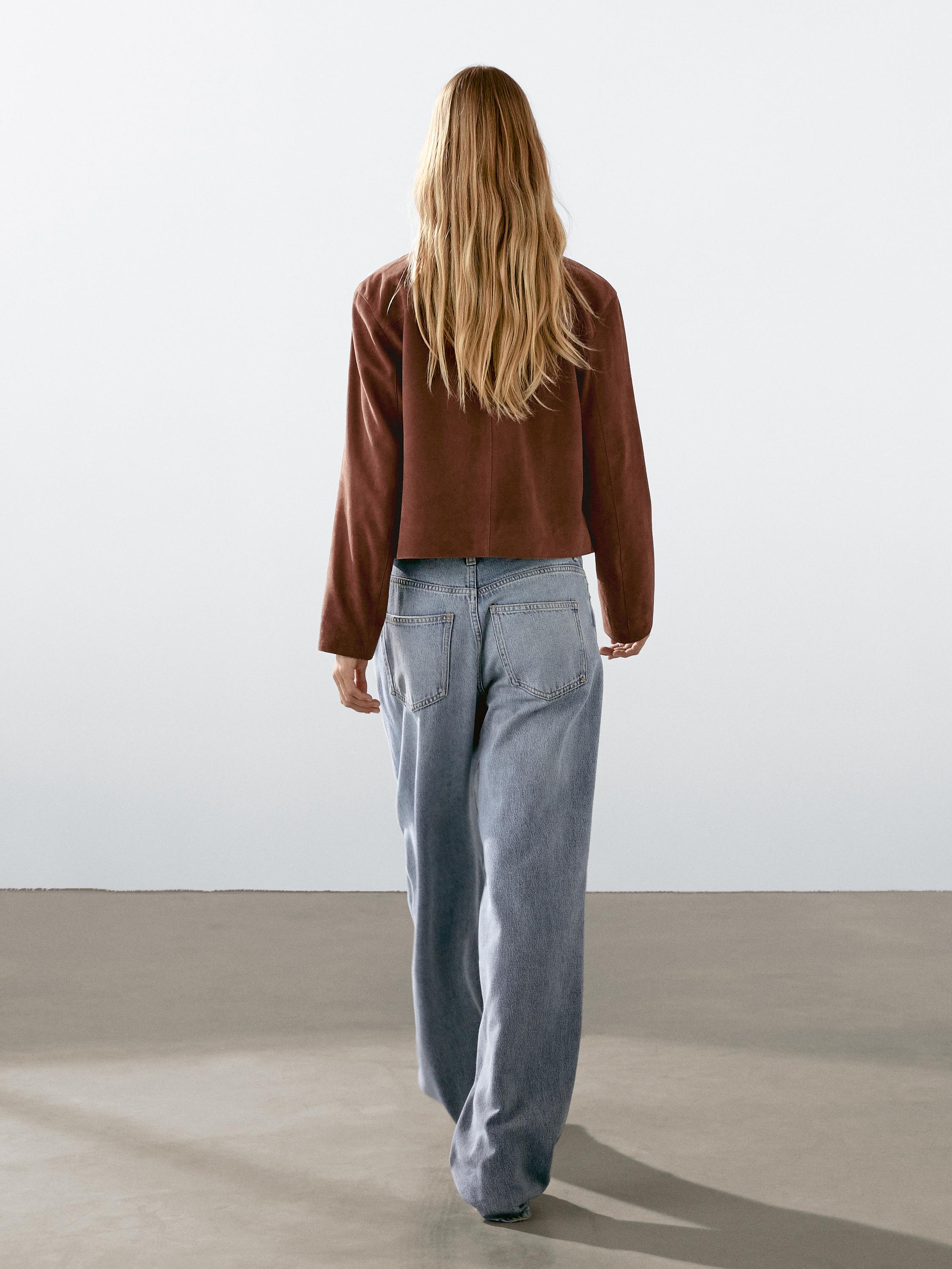 Cropped suede leather-lined jacket with buttons