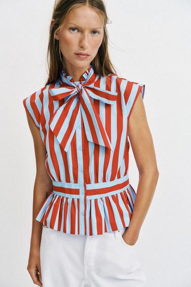 BLOUSE À RAYURES ET NŒUD - Rayure rouge de Zara - Image 1