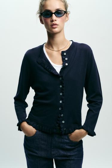 Zara RUFFLED KNIT CARDIGAN - Navy blue