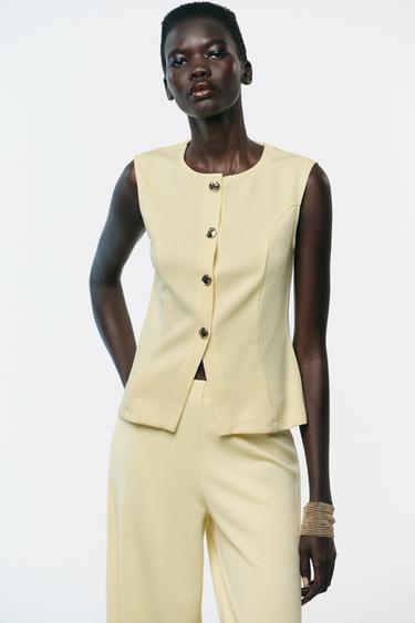 BUTTONED TWILL WAISTCOAT TOP - Yellow by Zara