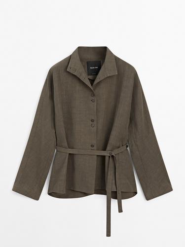 Zara Linen blend stand collar jacket - Black gold - Image 0