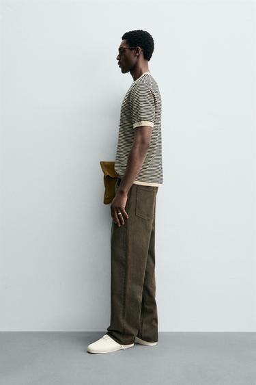 T-SHIRT EN POINT DE COTON ET LIN À RAYURES - Écru / Noir de Zara - Image 3