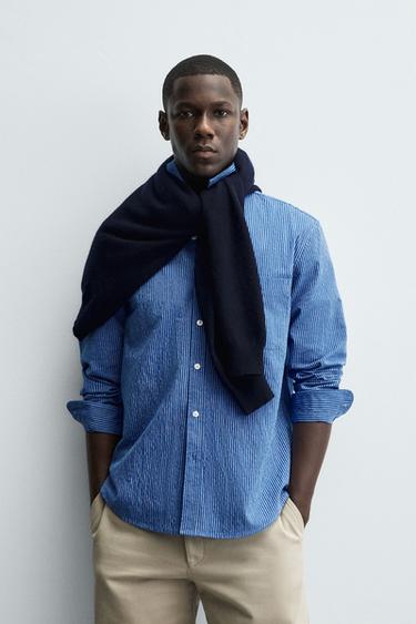 Zara STRIPED WASHED SHIRT - Blue / Navy