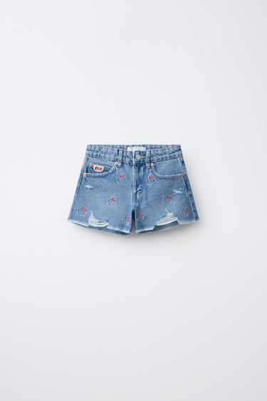 DENIM BERMUDA SHORTS WITH EMBROIDERED HELLO KITTY © SANRIO - Blue by Zara