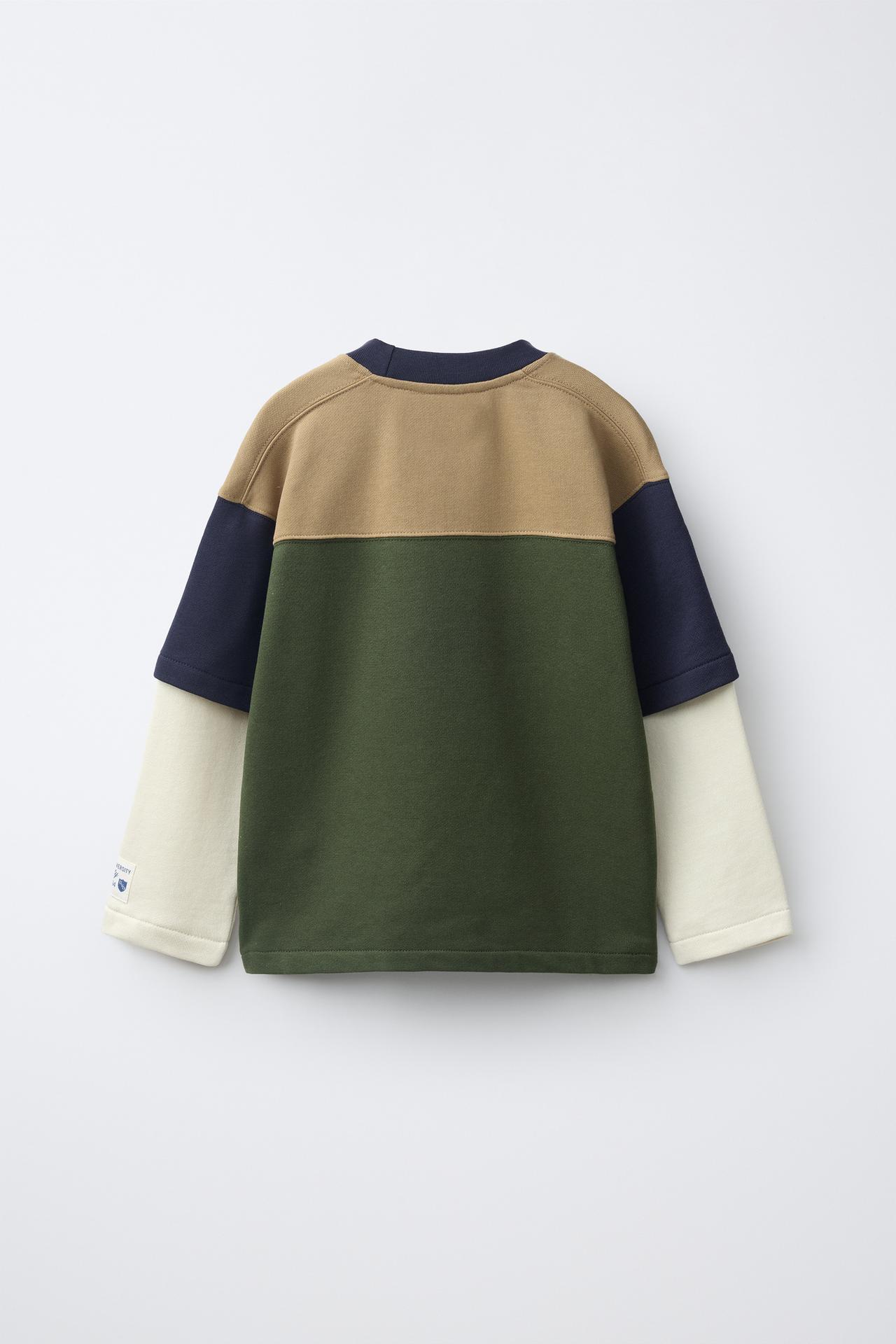 VARSITY NUMBER DOUBLE-SLEEVE SWEATSHIRT — Green / Ecru