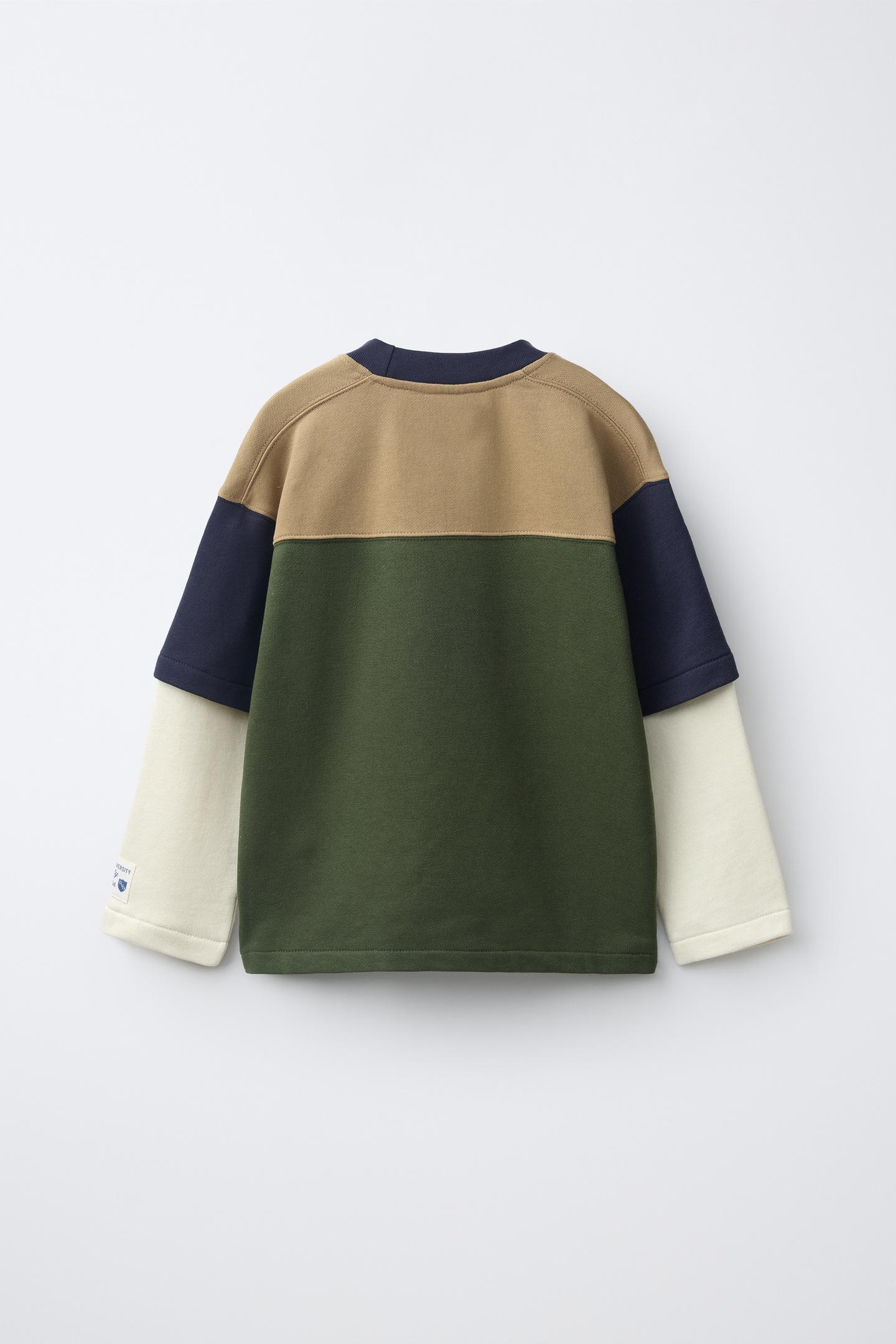 Детская толстовка Zara Varsity Number Double-Sleeve, цвет: Зелёный / Экрю — фото 3