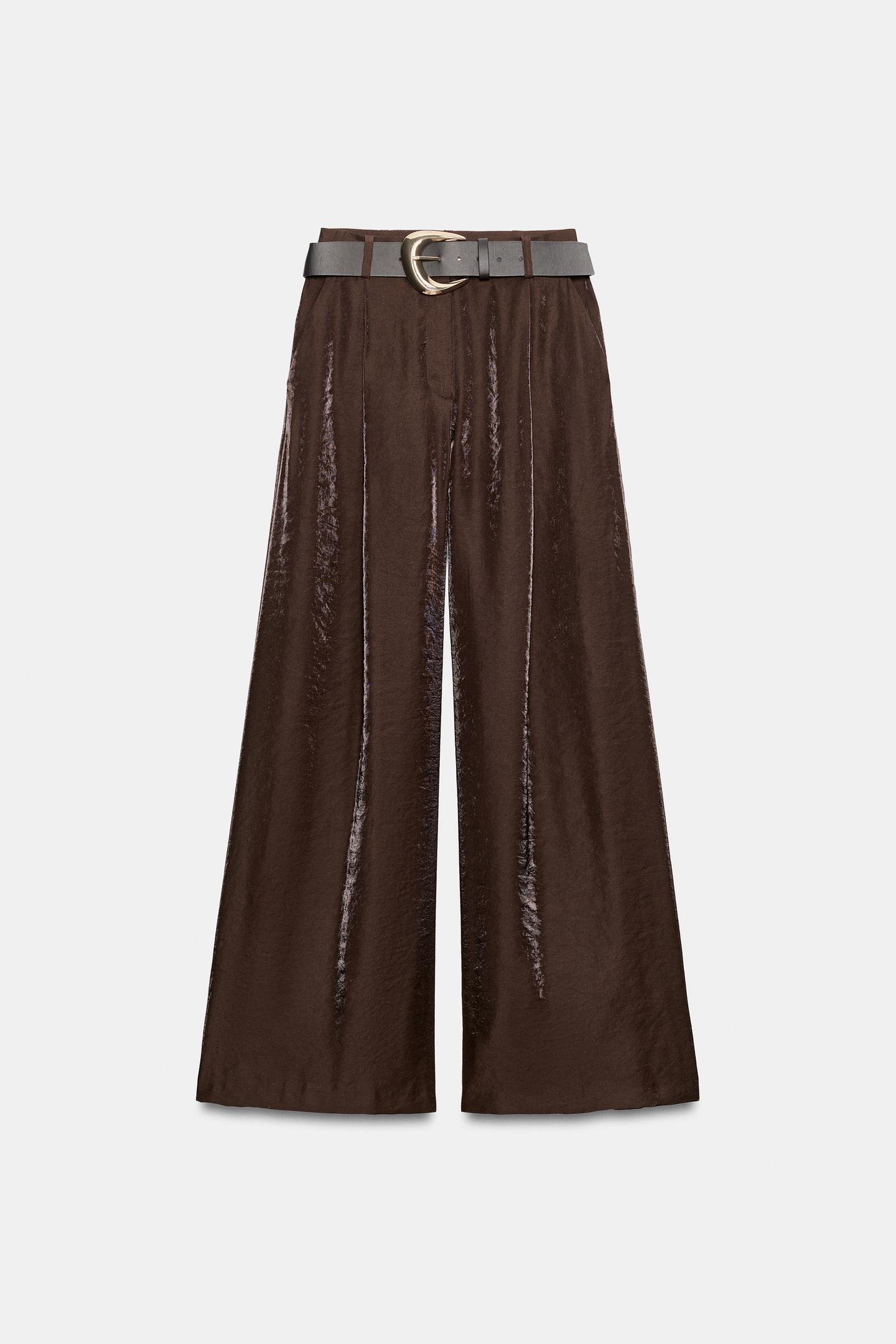 Женские брюки Zara Belted Satin Wide-Leg, цвет: Коричневый — фото 8