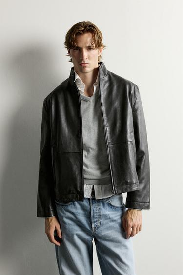 WASHED-EFFECT LEATHER JACKET — Black 1