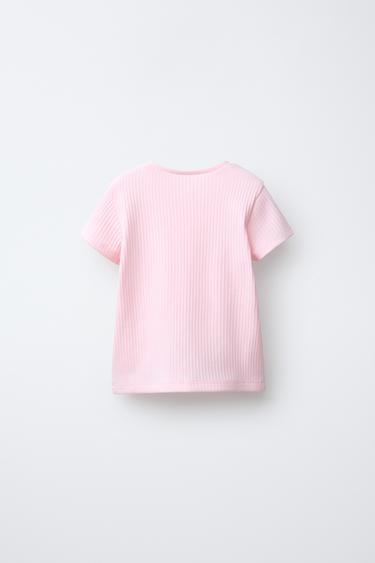 Zara RIBBED T-SHIRT WITH CUT-OUT HEARTS - Pastel pink