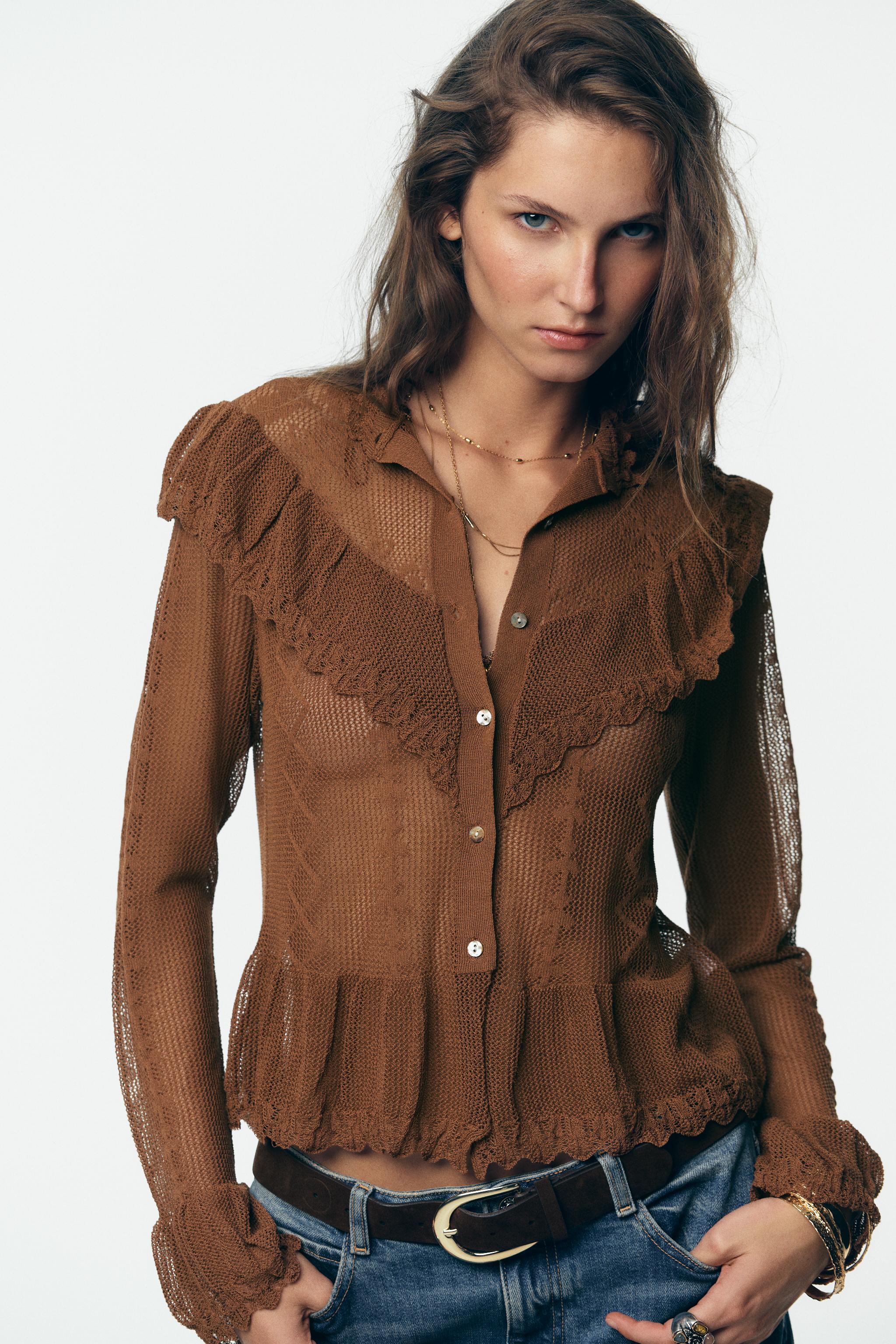 POINTELLE KNIT ROMANTIC JACKET - Brown | ZARA United States POINTELLE KNIT ROMANTIC JACKET - Brown | ZARA United States