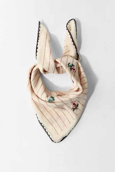 STRIPED SCARF WITH EMBROIDERED FLOWERS - Ecru by Zara