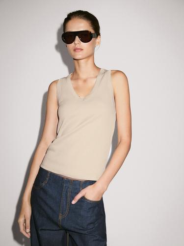 Zara 100% cotton V-neck T-shirt - Stone