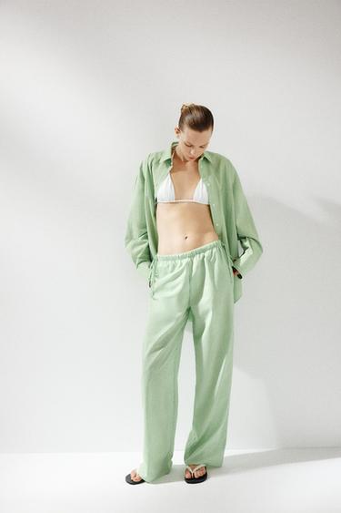 بنطلون بلاتزو مخطط - أخضر/أبيض الخاص بـ Zara