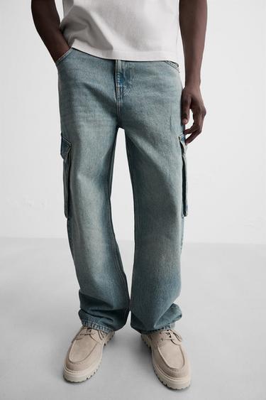 Zara DENIM CARGO PANTS - Mid-blue