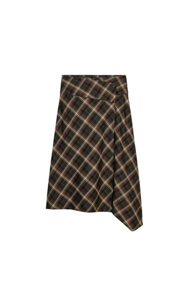 Front view of dark khaki checked asymmetric midi skirt with wrap front and button fastening.
