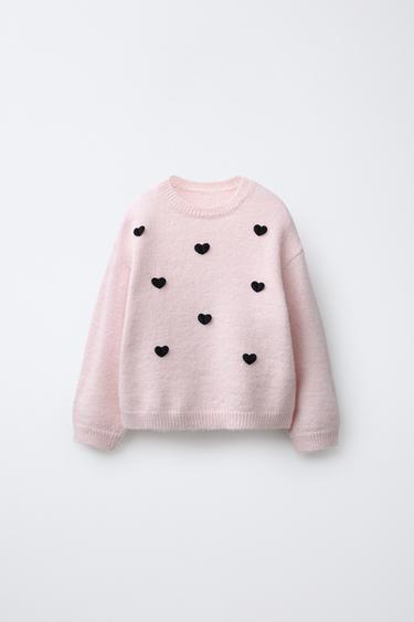 KNIT JUMPER WITH FLOCK HEARTS - Pastel pink by Zara
