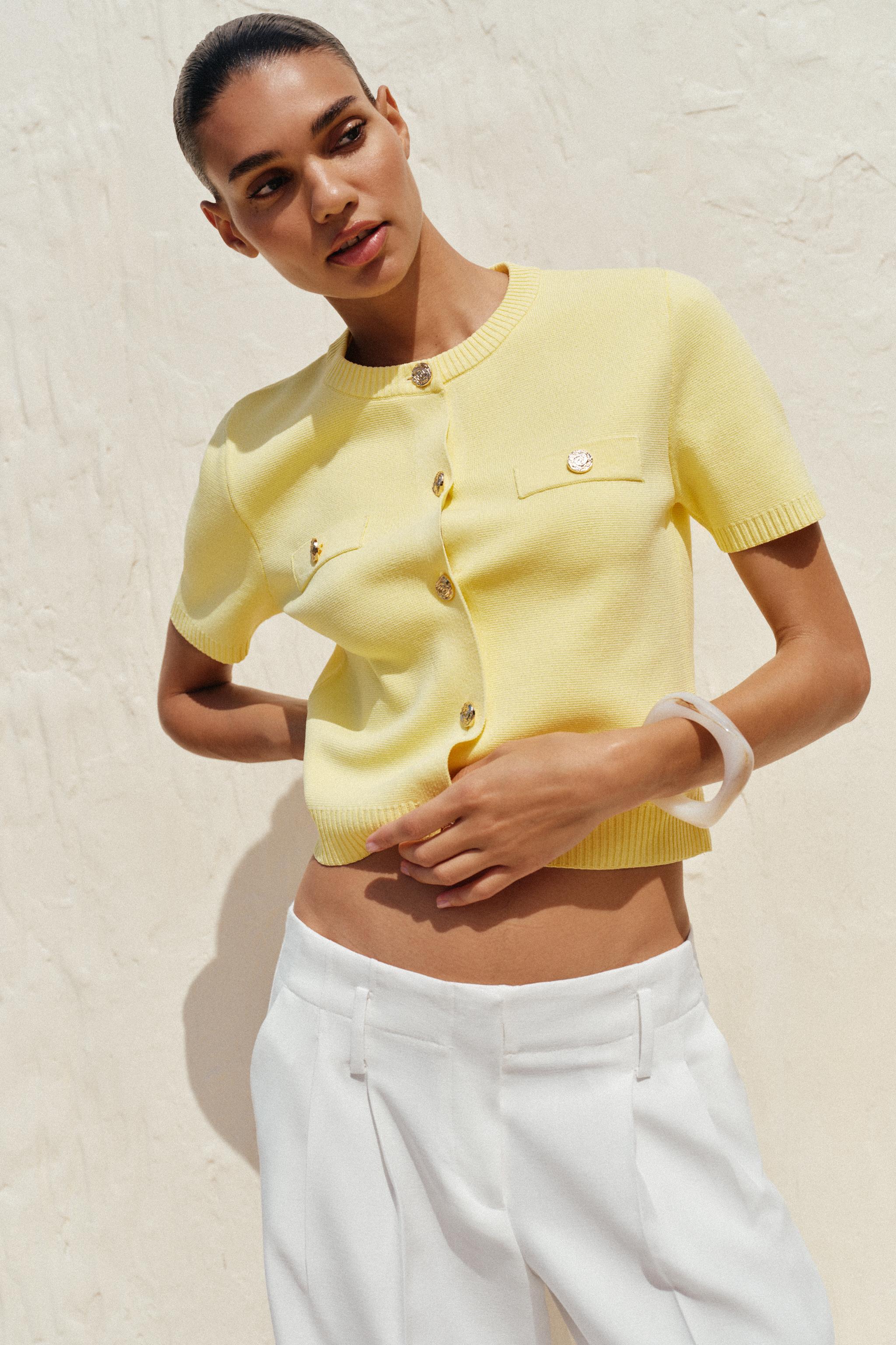 ZARA フリルニットカーディガン L イエロー ZARA フリルニットカーディガン L イエロー