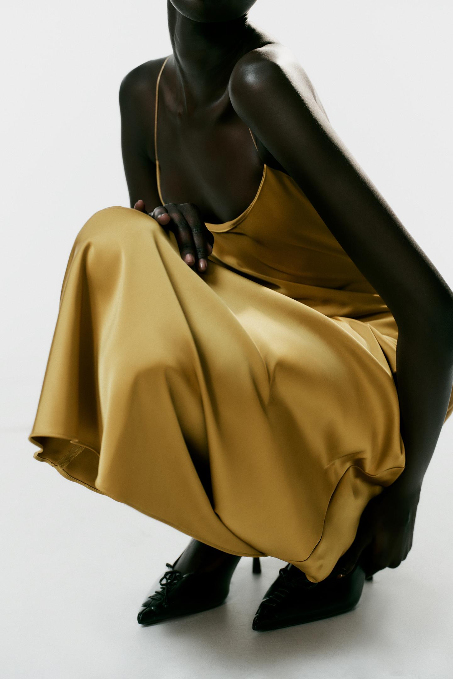Женское платье Zara Satin Backless MIDI, цвет: Золотой — фото 2
