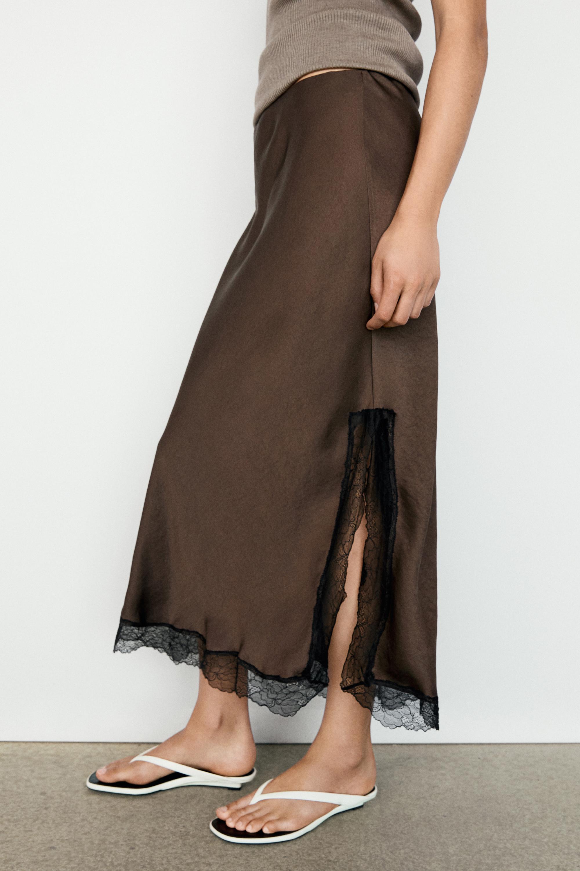 Lace-trimmed midi skirt — Brown marl