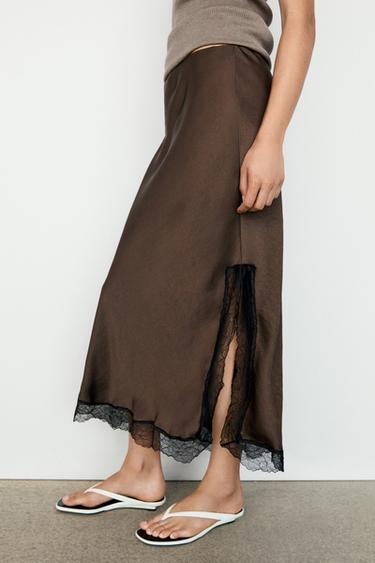 Lace-trimmed midi skirt — Brown marl 2