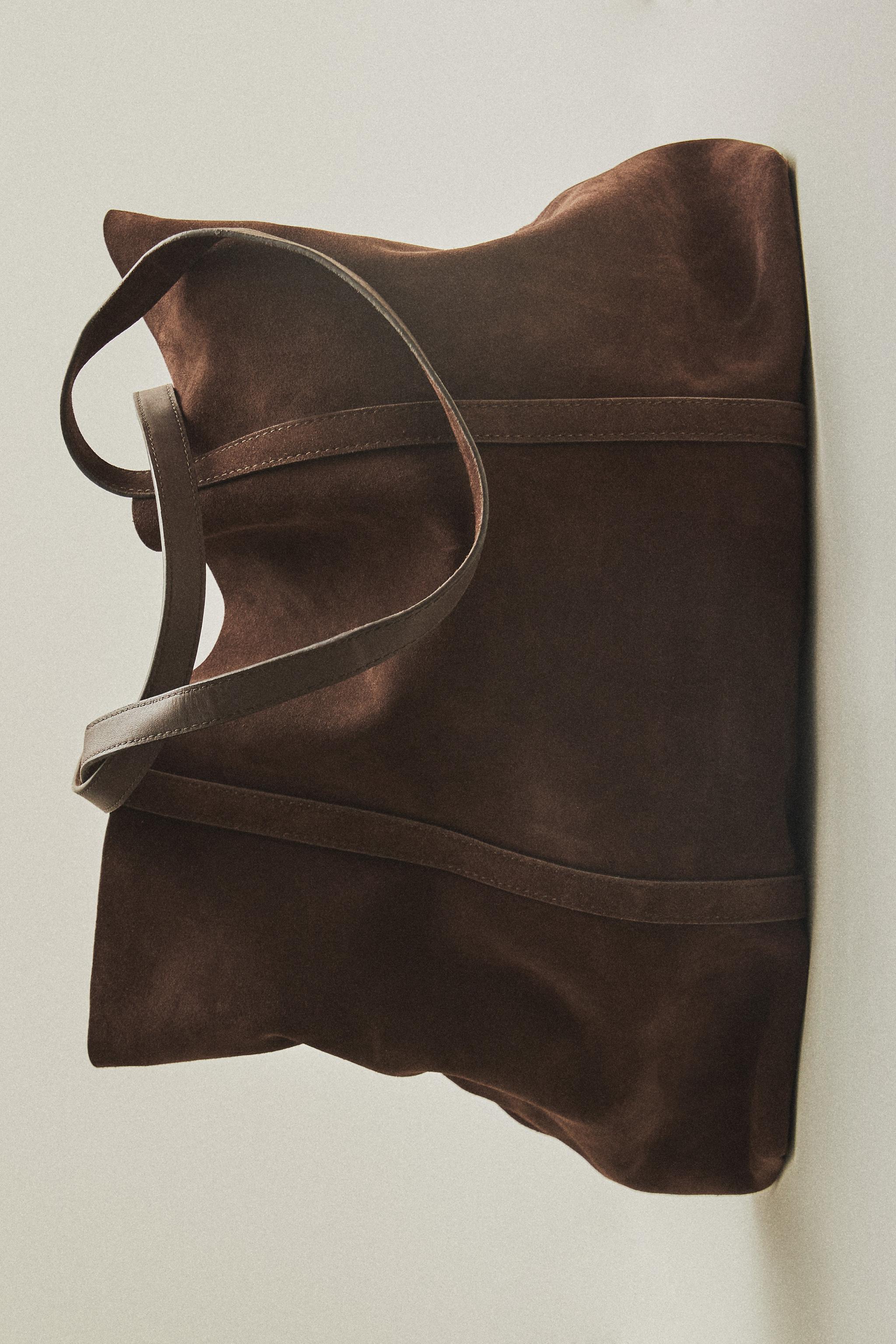 SUEDE LEATHER TOTE BAG — Chocolate Brown