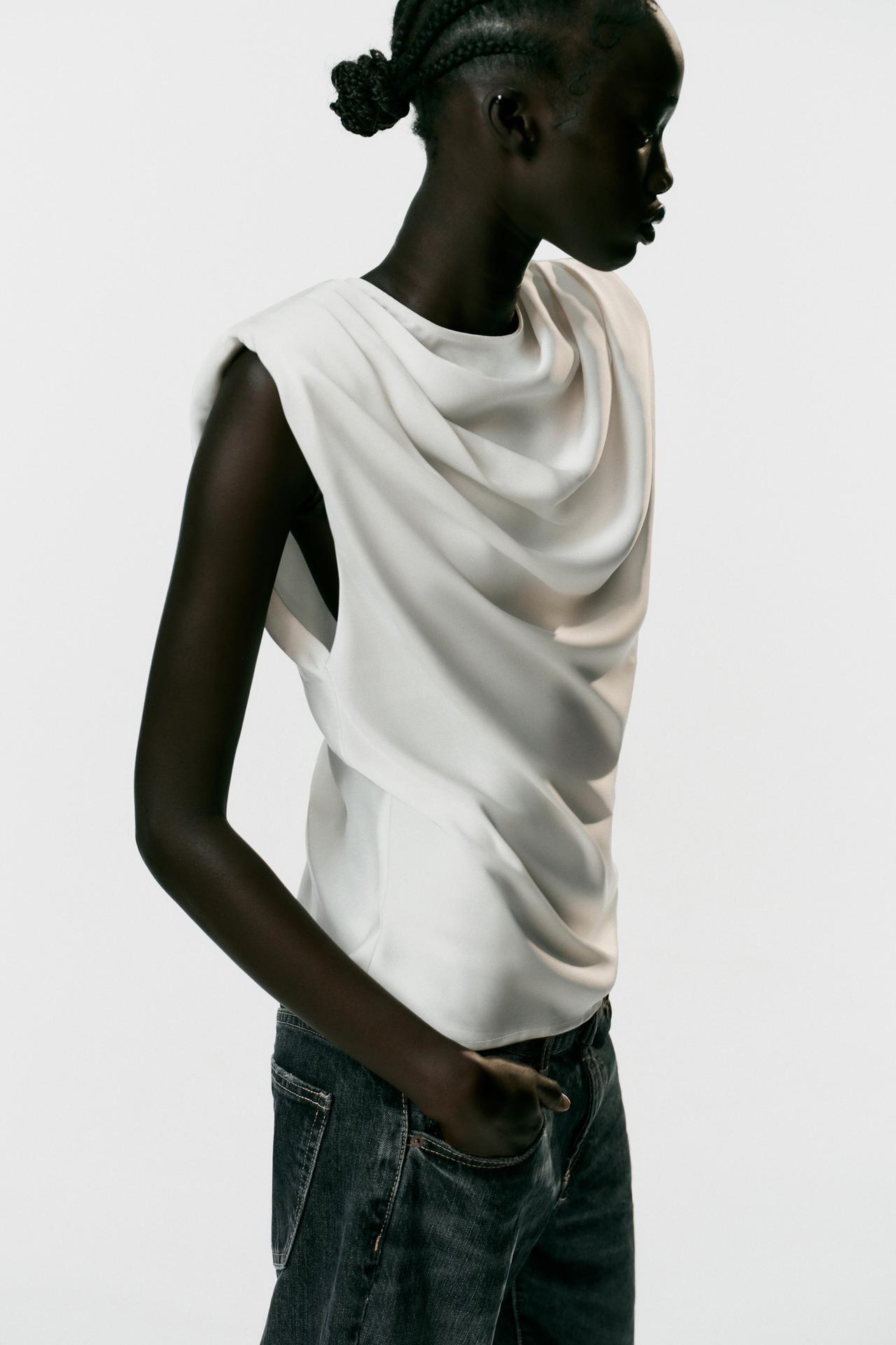 SATIN SHOULDER PAD PLEATED TOP — Oyster-white