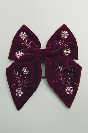 VELVET BOW WITH SEQUIN SCRUNCHIE HAIR CLIP - Aubergine by Zara