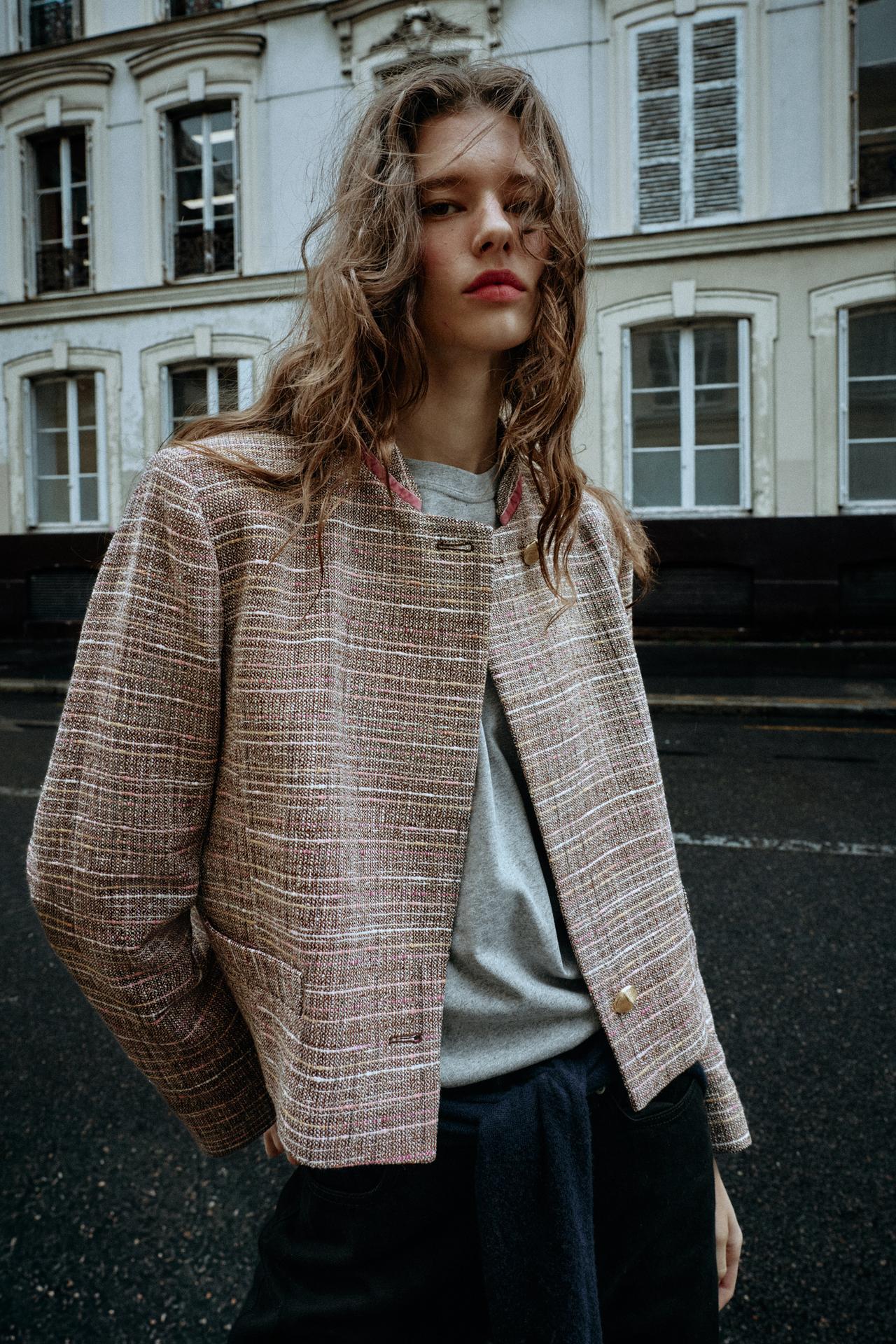STRUCTURED CROPPED BLAZER — Brown / Ecru