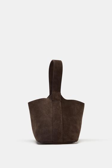 BOLSA PIEL SERRAJE MINI SACO - Gris Topo de Zara