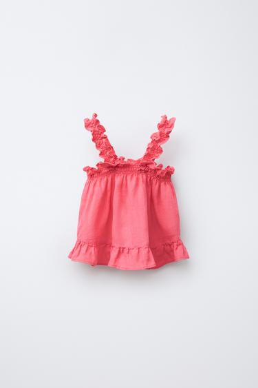 Zara 100% LINEN RUFFLED TOP - Red / Coral