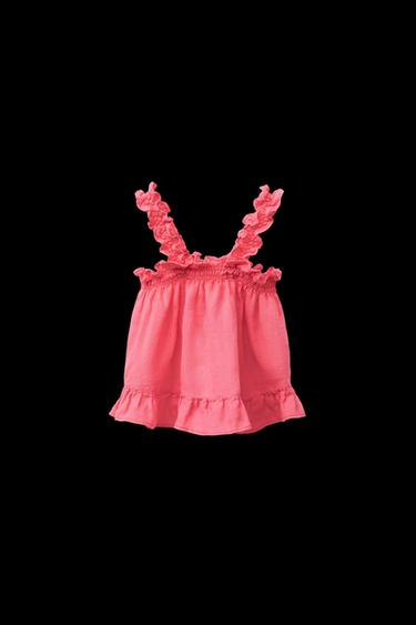 100% LINEN RUFFLE TOP - Red / Coral by Zara - Image 0