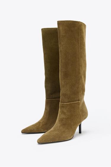 SPLIT SUEDE STILETTO HEEL BOOTS - Olive Green by Zara - Image 2