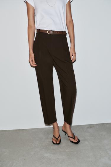 CROPPED TROUSERS WITH BELT - Dark brown by Zara