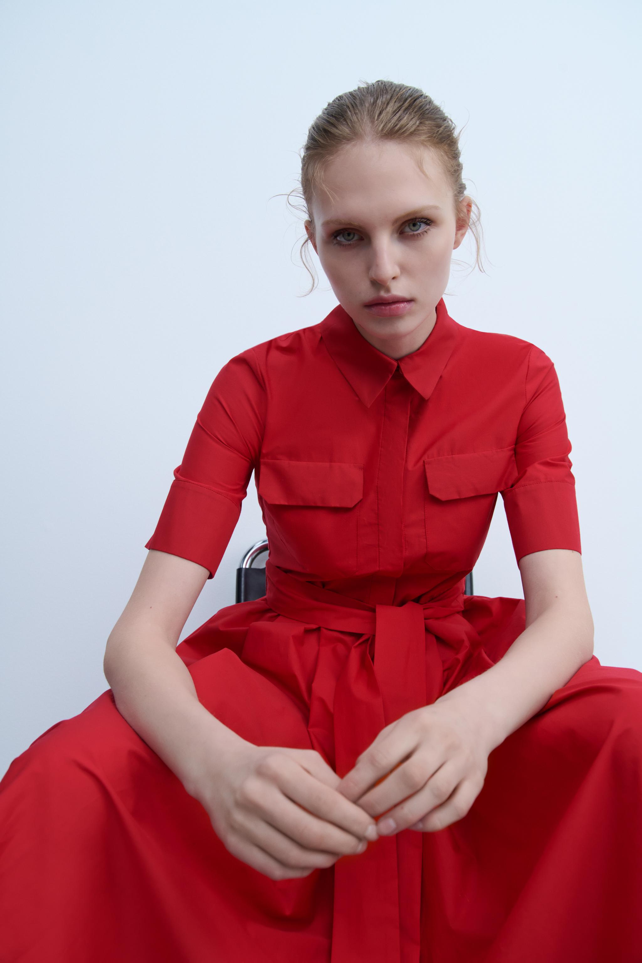 未使用●新品●ZARA●ザラ●ワンピース●チェック●パワーショルダー●レッド●赤 金具付きミディ丈ワンピース - レッド | ZARA Japan / 日本