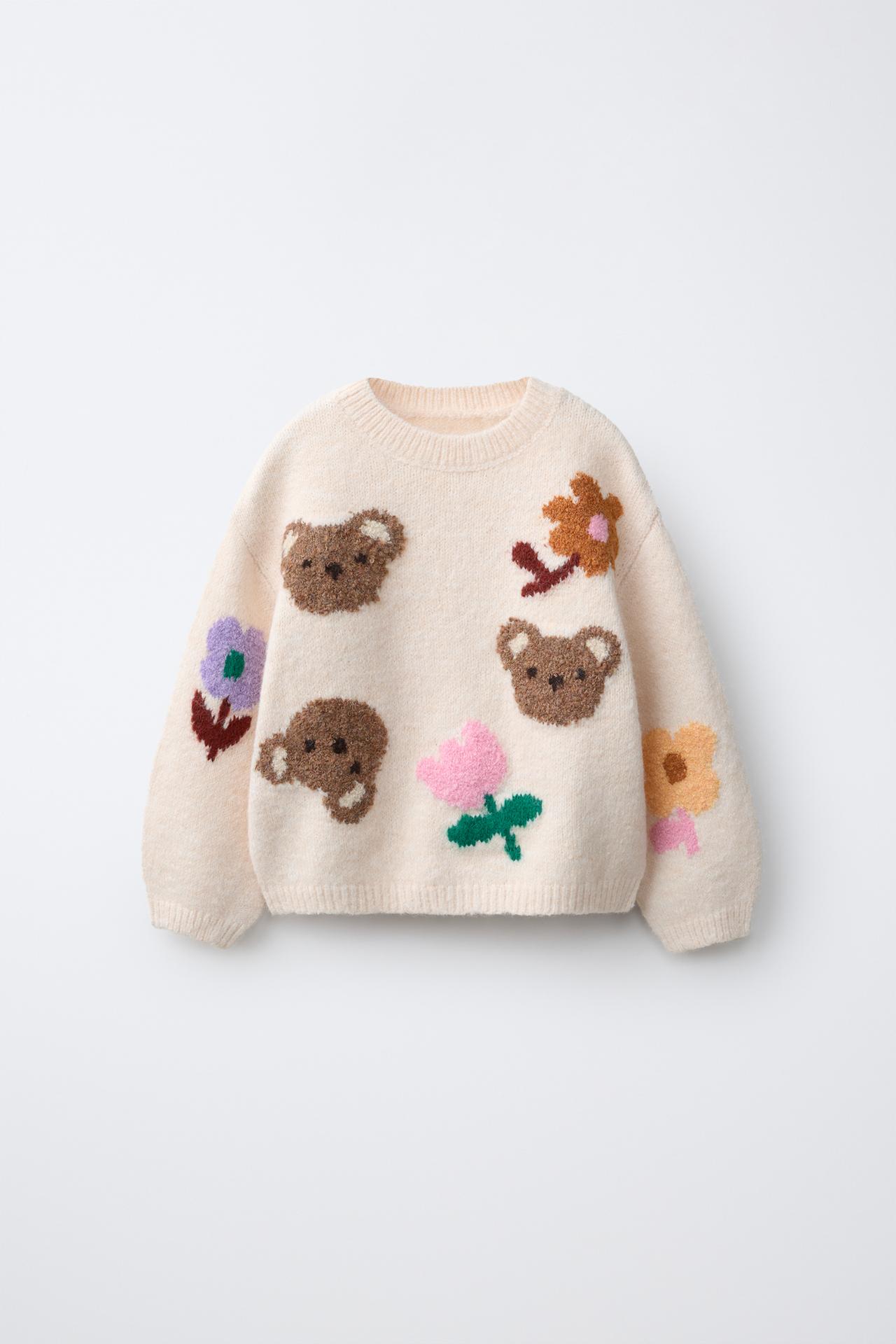 BEAR AND FLOWER KNIT SWEATER — Ecru