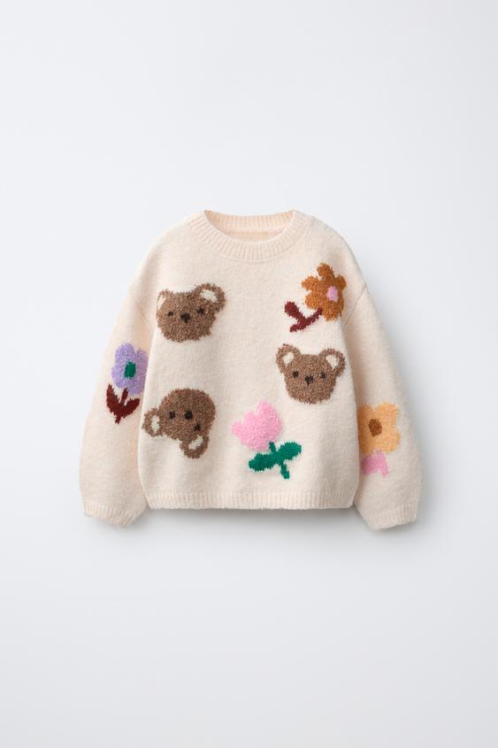 BEAR AND FLORAL KNIT JUMPER - Ecru by Zara - Image 0