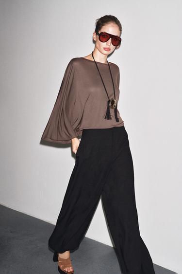 Zara ASYMMETRIC FLOWY CAPE - taupe brown