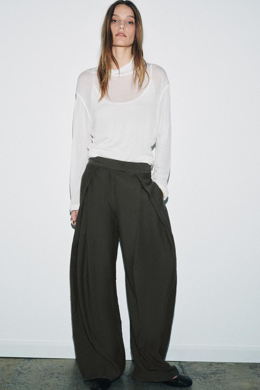 ZWコレクション プリーツ ワイドレッグパンツ - カーキ | ZARA Japan 