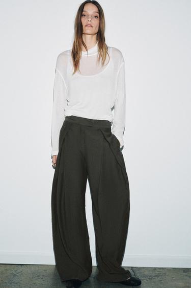 Zara ZW COLLECTION PLEATED WIDE LEG PANTS - Khaki